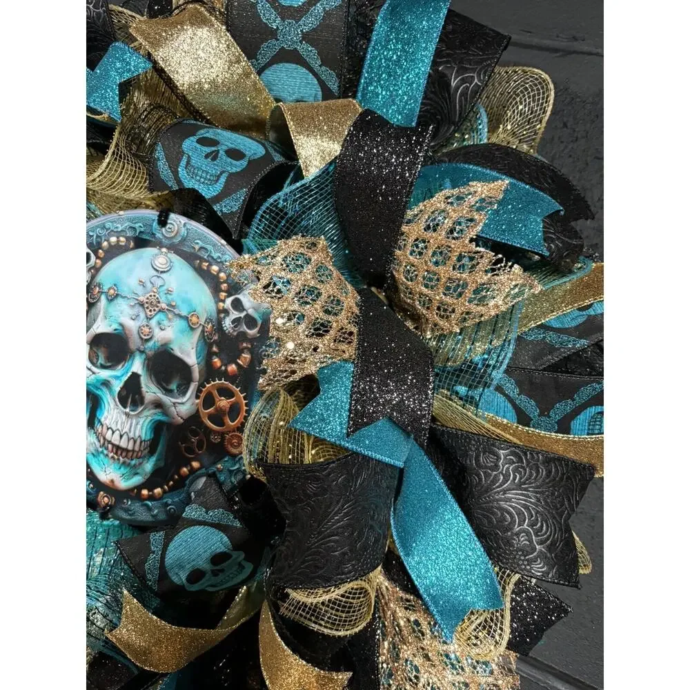 Handmade Halloween Wreath Teal Blue & Gold Steampunk Skull 24 Inch Deco Mesh